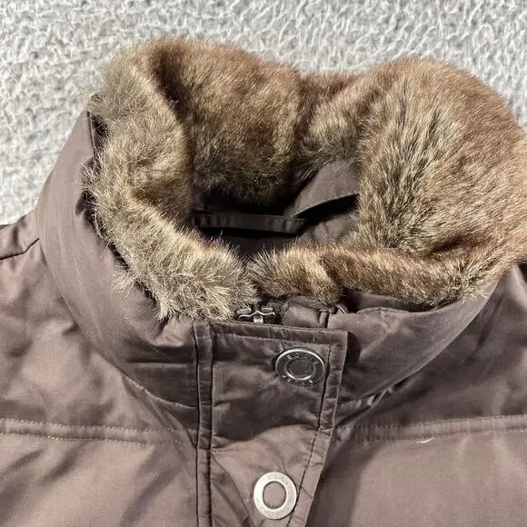 Eddie Bauer 700 Fill Goose Down Puffer Vest Women L Brown Faux Fur Trim Quilted - Picture 2 of 7